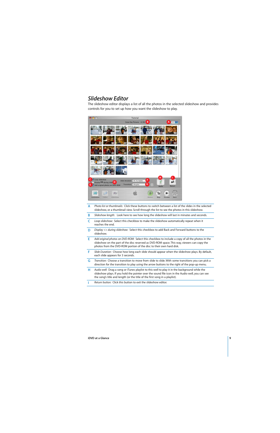 Slideshow editor | Apple iDVD at a Glance User Manual | Page 9 / 10