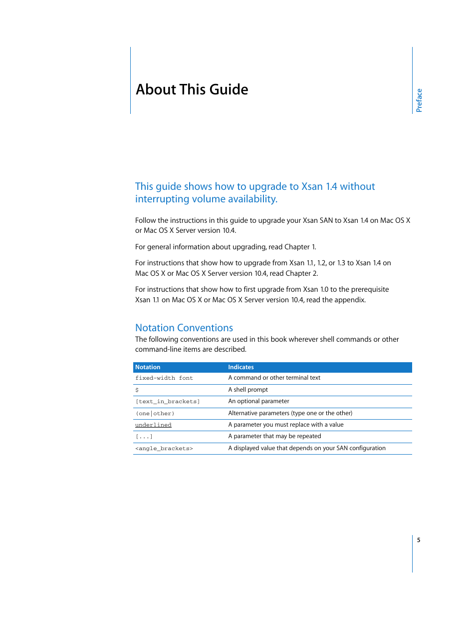 About this guide, Notation conventions, Preface | Apple Xsan (upgrading to Xsan 1.4) User Manual | Page 5 / 24