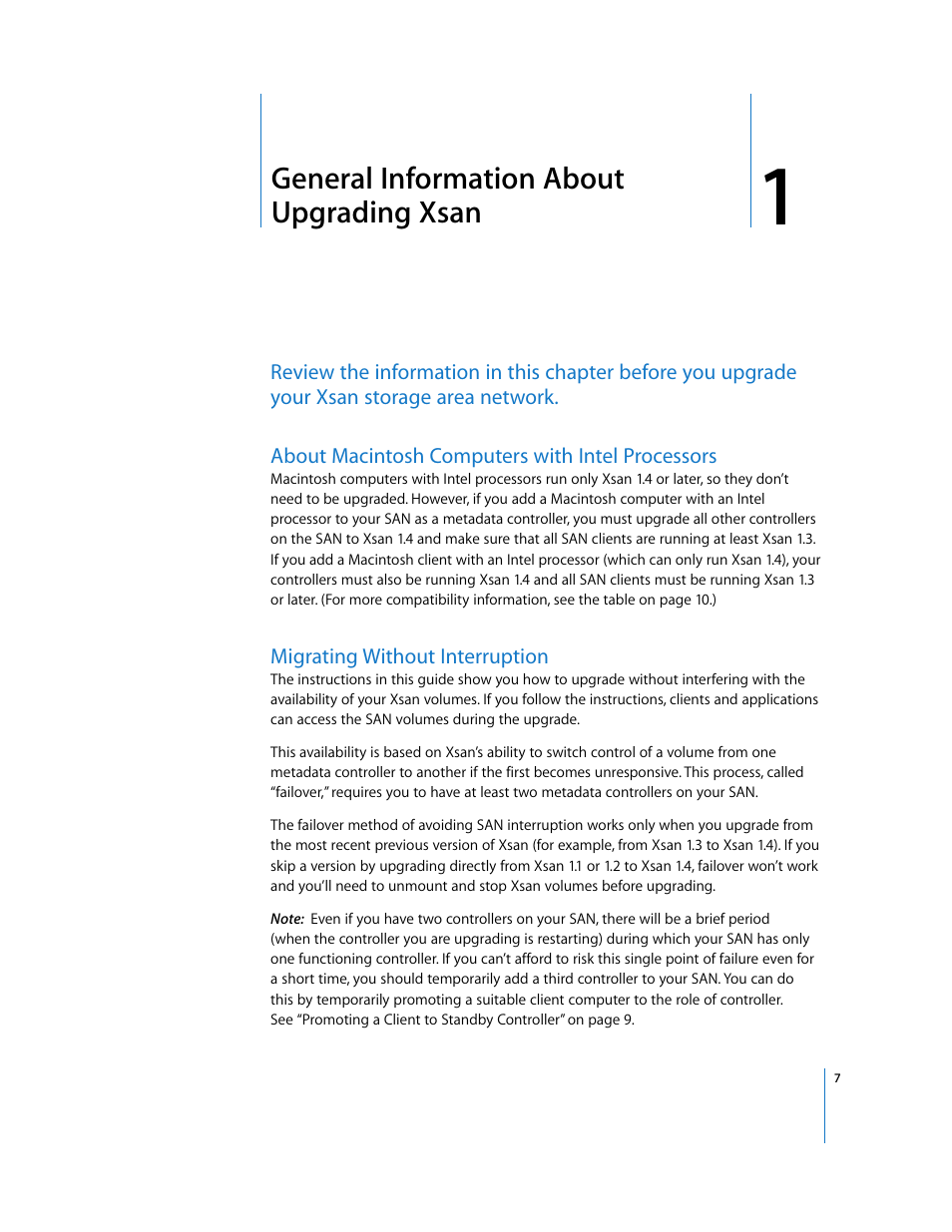 General information about upgrading xsan, About macintosh computers with intel processors, Migrating without interruption | Chapter 1 | Apple Xsan (upgrading to Xsan 1.4) User Manual | Page 7 / 24