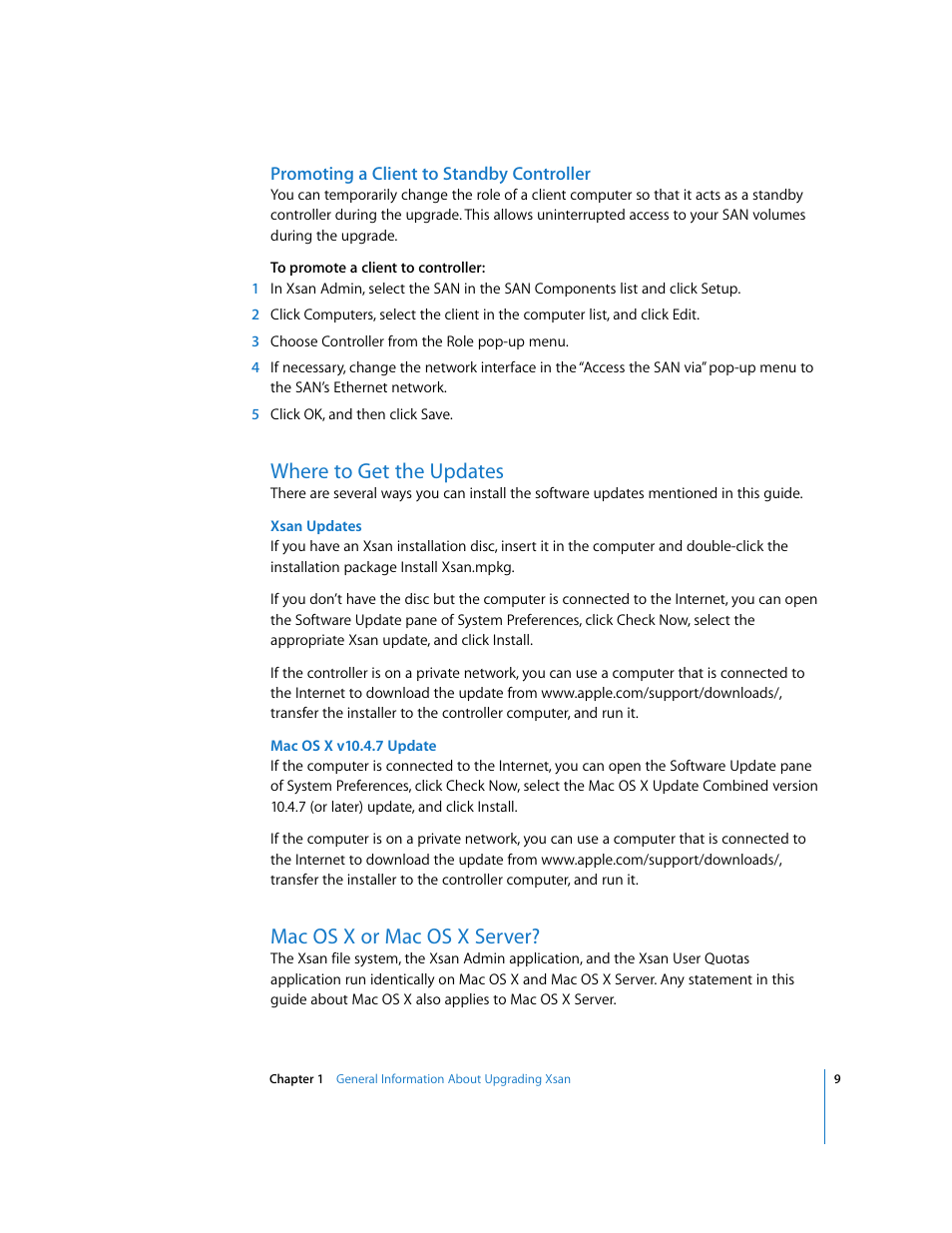 Promoting a client to standby controller, Where to get the updates, Macosx or macosx server | Mac os x or mac os x server | Apple Xsan (upgrading to Xsan 1.4) User Manual | Page 9 / 24