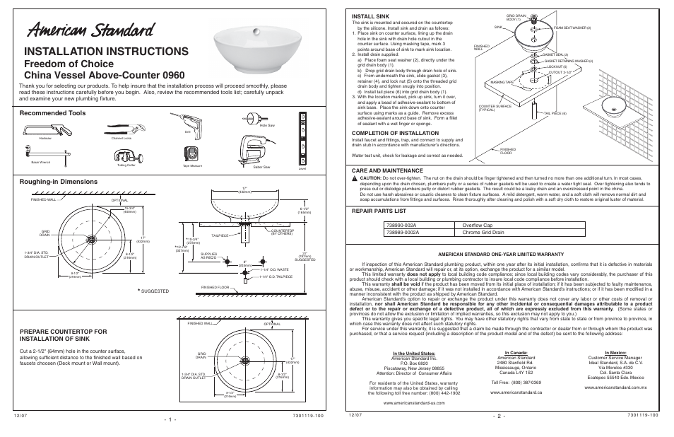 American Standard CHINA VESSEL ABOVE-COUNTER 960 User Manual | 1 page