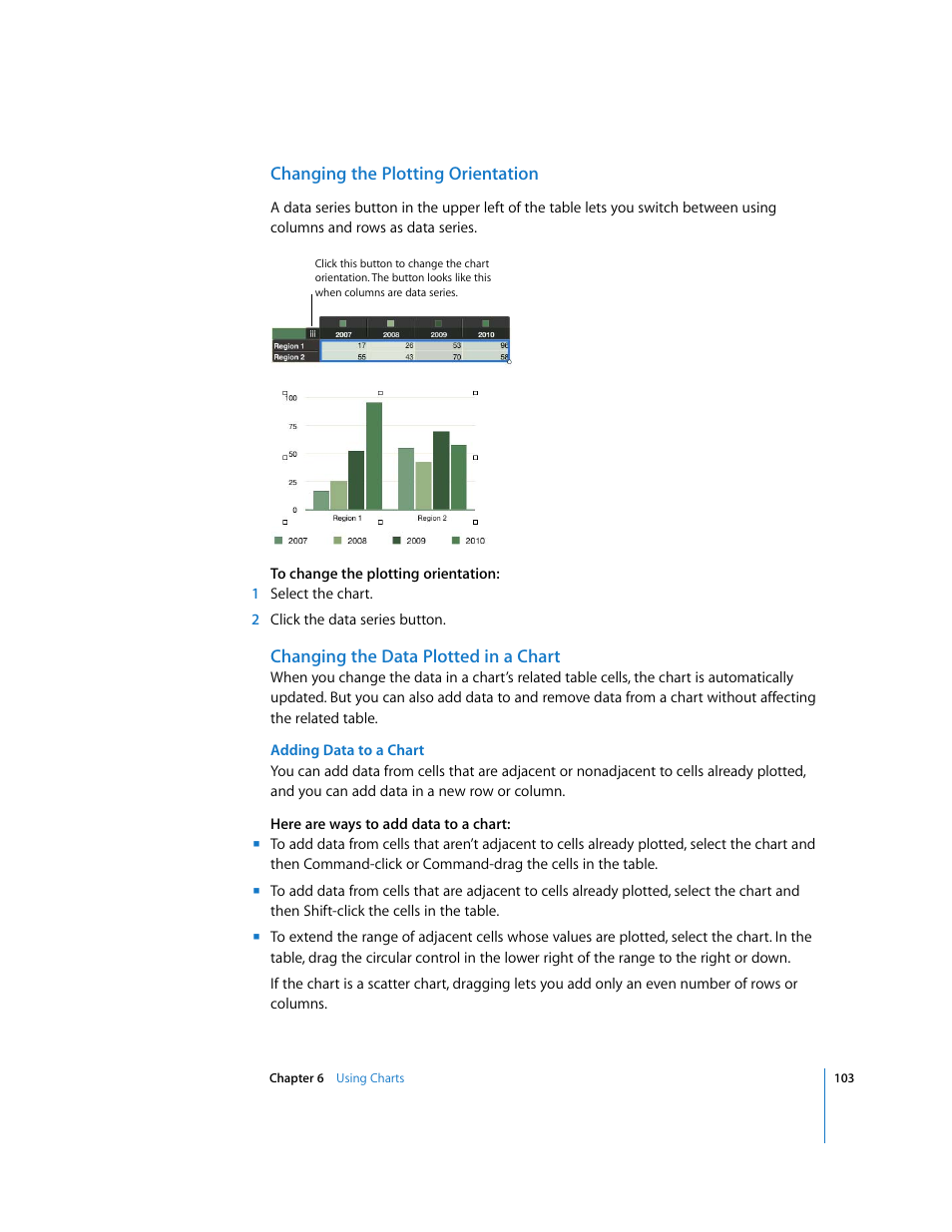 Changing the plotting orientation, Changing the data plotted in a chart, Adding data to a chart | Apple Numbers '08 User Manual | Page 103 / 295