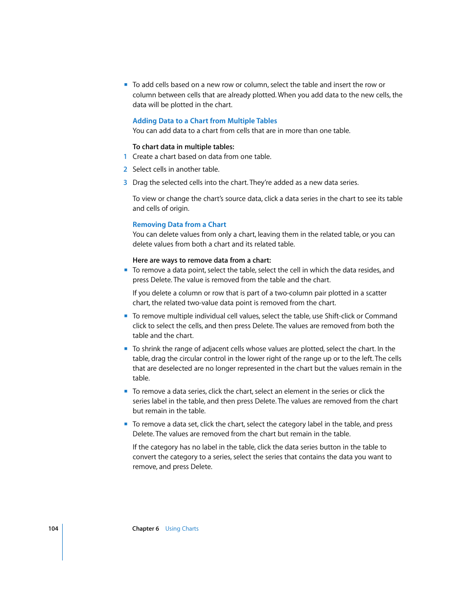 Adding data to a chart from multiple tables, Removing data from a chart | Apple Numbers '08 User Manual | Page 104 / 295