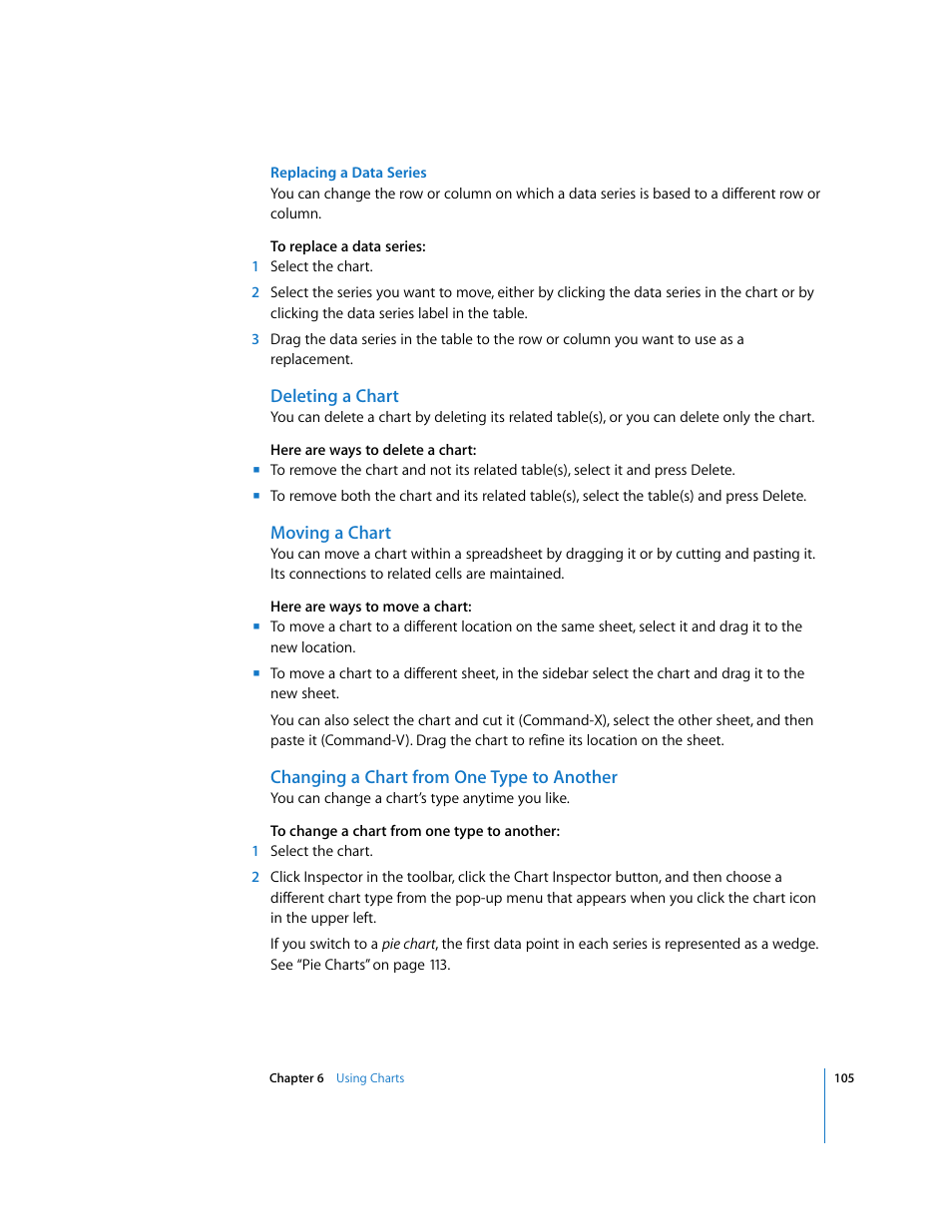 Replacing a data series, Deleting a chart, Moving a chart | Changing a chart from one type to another | Apple Numbers '08 User Manual | Page 105 / 295