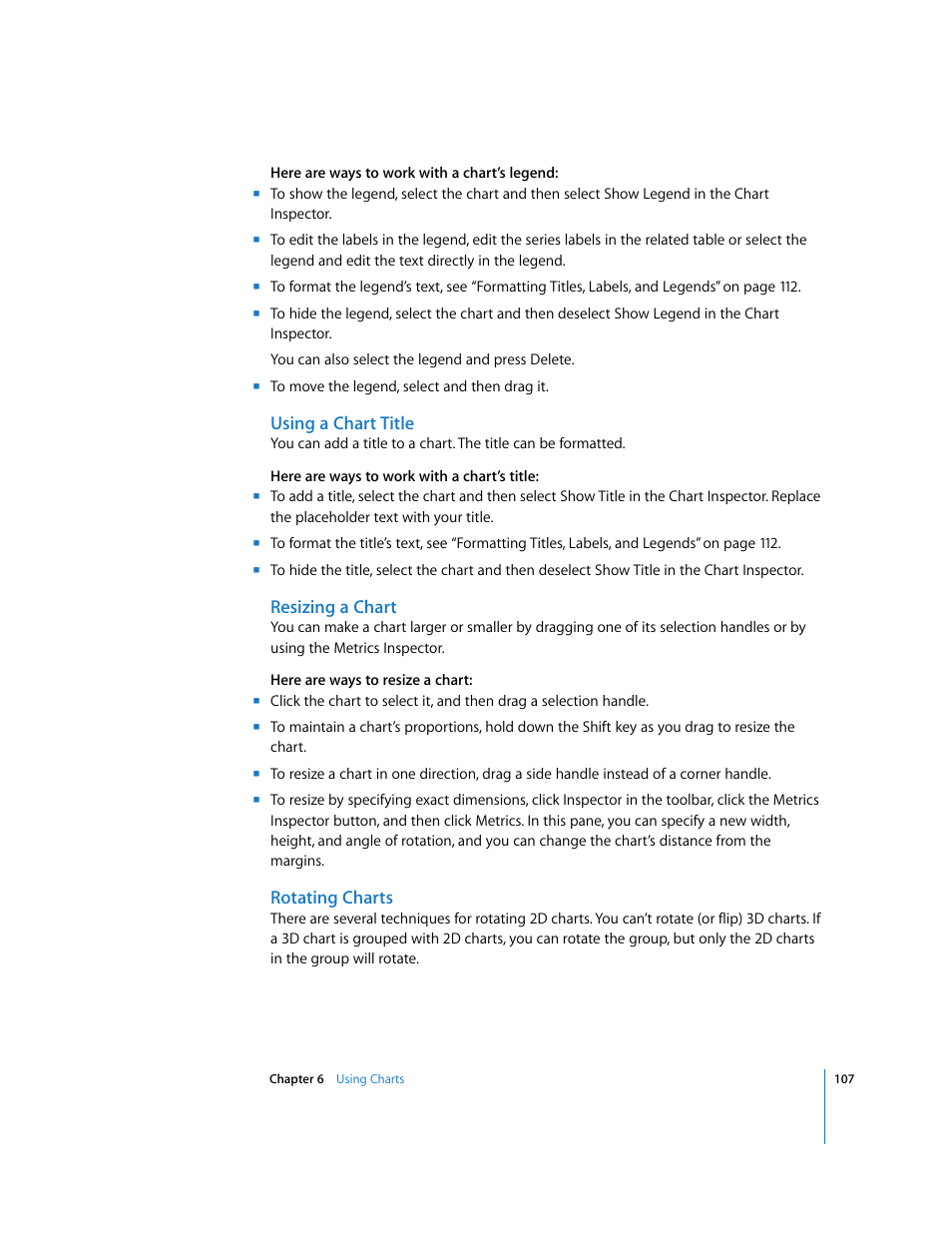 Using a chart title, Resizing a chart, Rotating charts | Apple Numbers '08 User Manual | Page 107 / 295