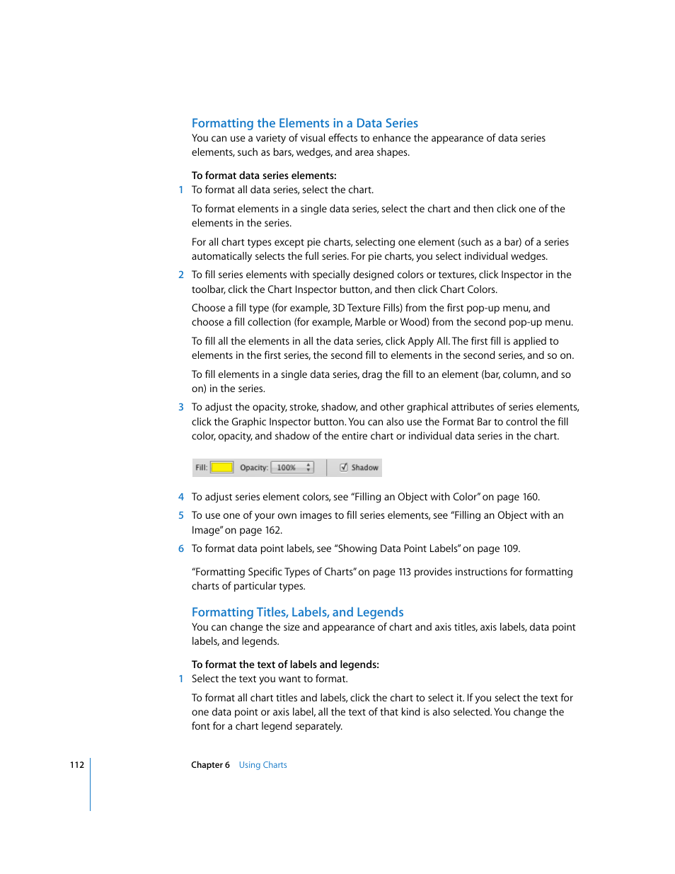 Formatting the elements in a data series, Formatting titles, labels, and legends | Apple Numbers '08 User Manual | Page 112 / 295