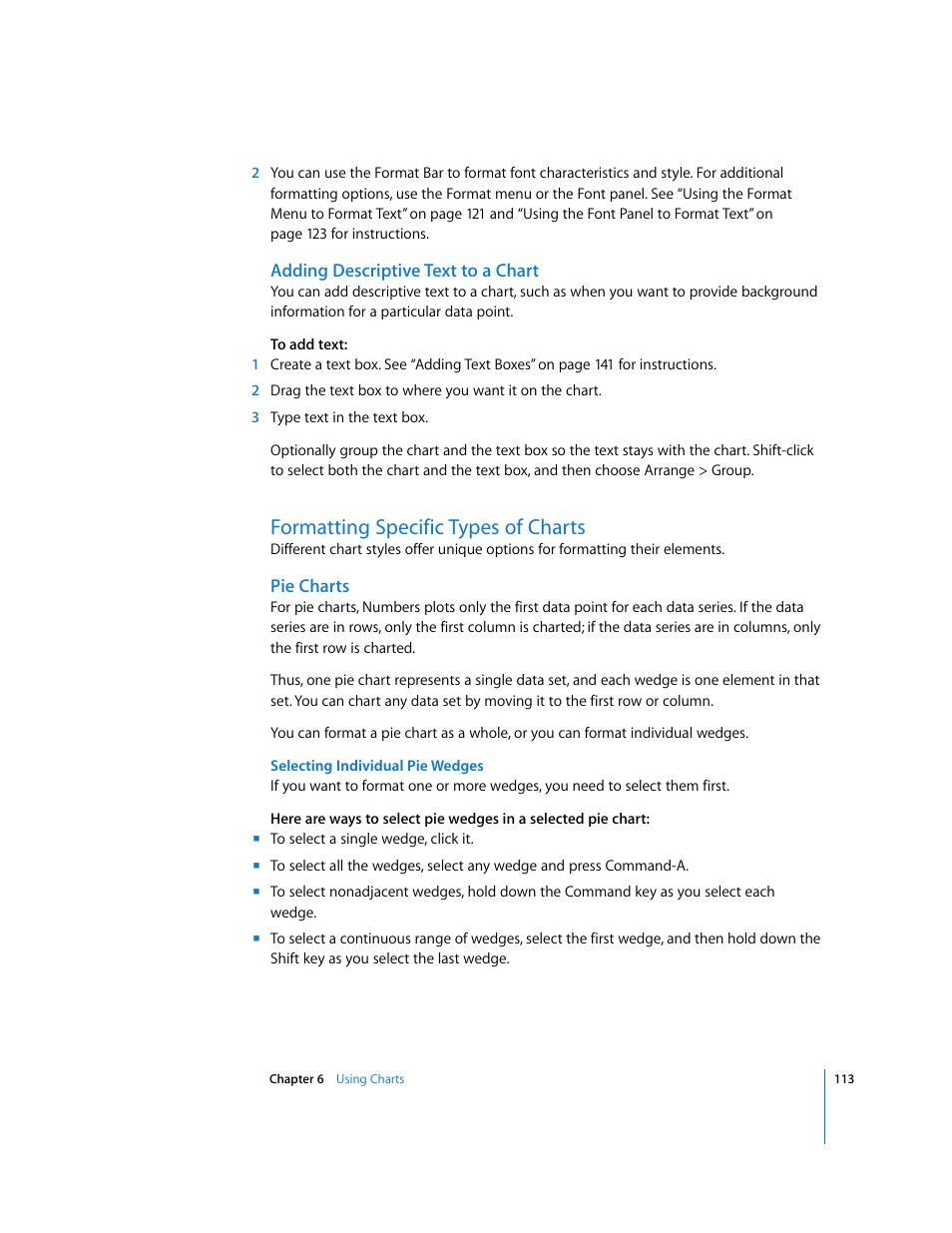 Adding descriptive text to a chart, Formatting specific types of charts, Pie charts | Selecting individual pie wedges | Apple Numbers '08 User Manual | Page 113 / 295