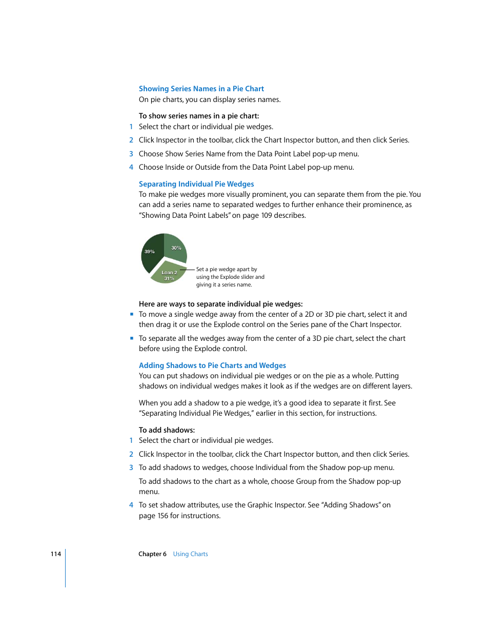 Showing series names in a pie chart, Separating individual pie wedges, Adding shadows to pie charts and wedges | Apple Numbers '08 User Manual | Page 114 / 295