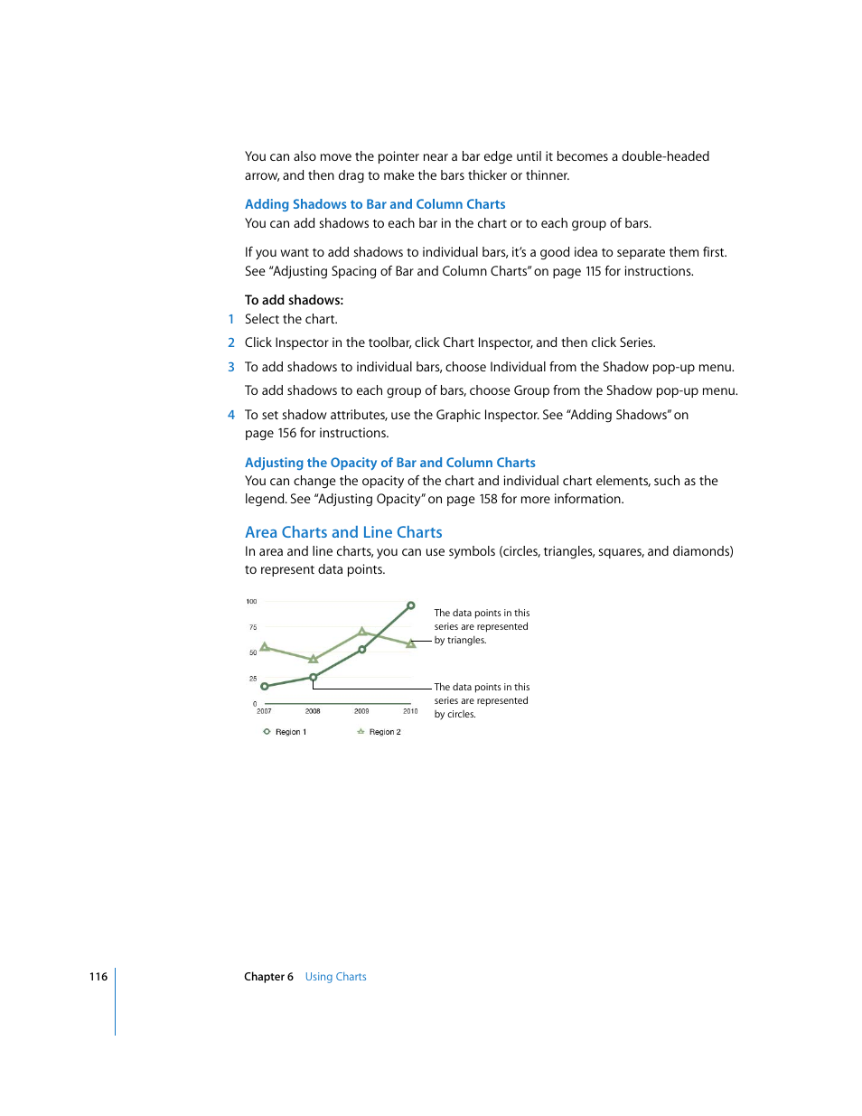 Adding shadows to bar and column charts, Adjusting the opacity of bar and column charts, Area charts and line charts | Apple Numbers '08 User Manual | Page 116 / 295