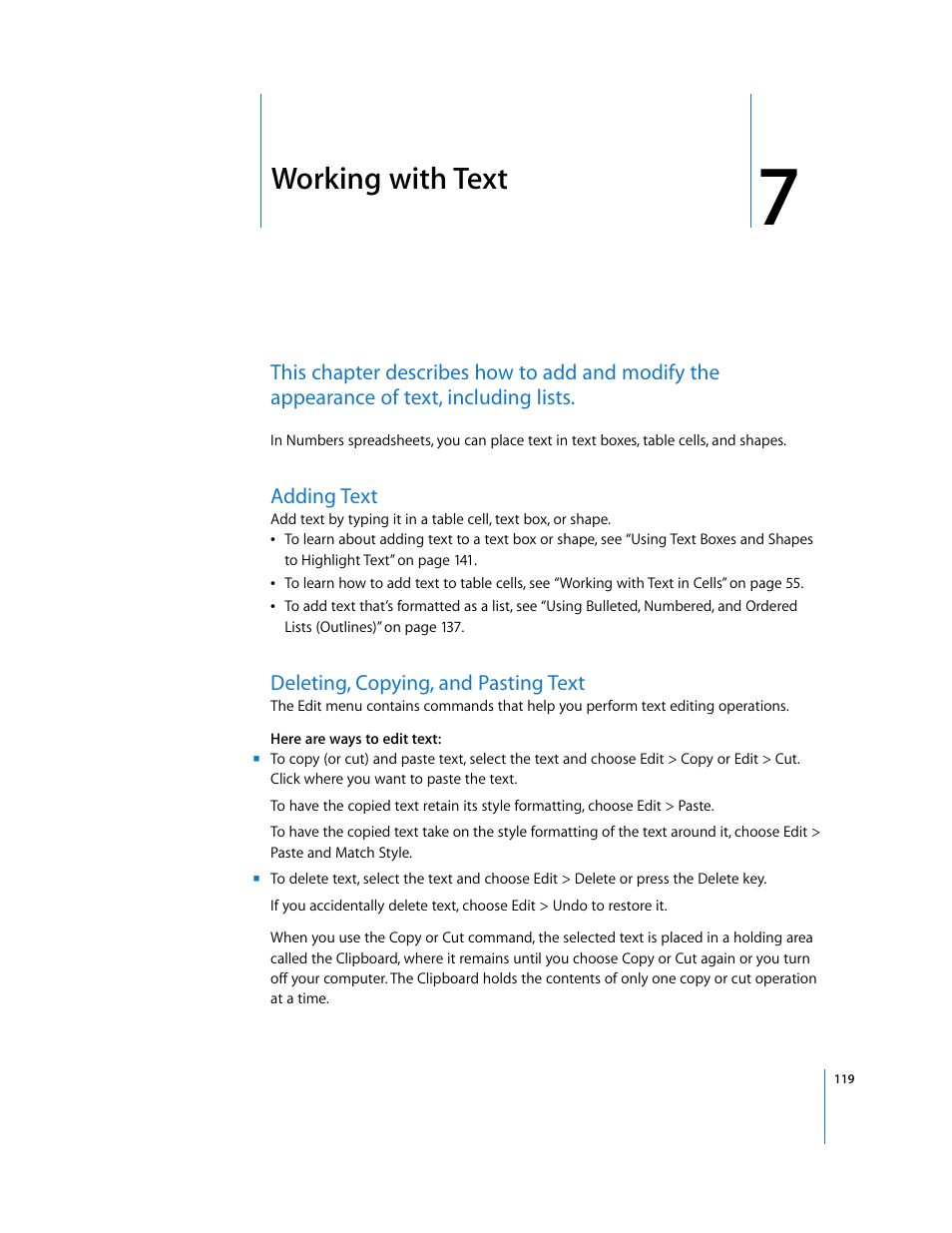 Working with text, Adding text, Deleting, copying, and pasting text | Chapter 7 | Apple Numbers '08 User Manual | Page 119 / 295