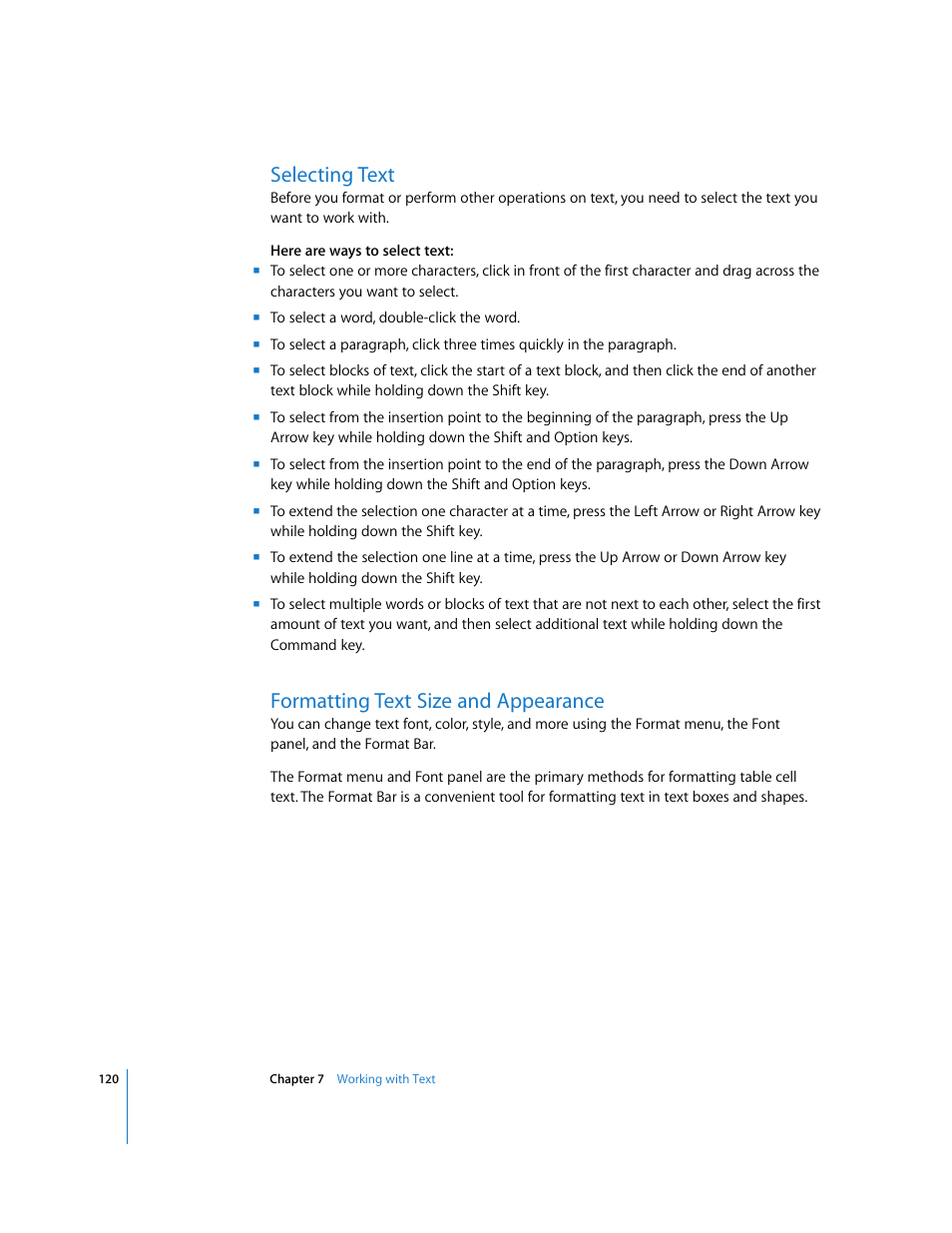 Selecting text, Formatting text size and appearance | Apple Numbers '08 User Manual | Page 120 / 295