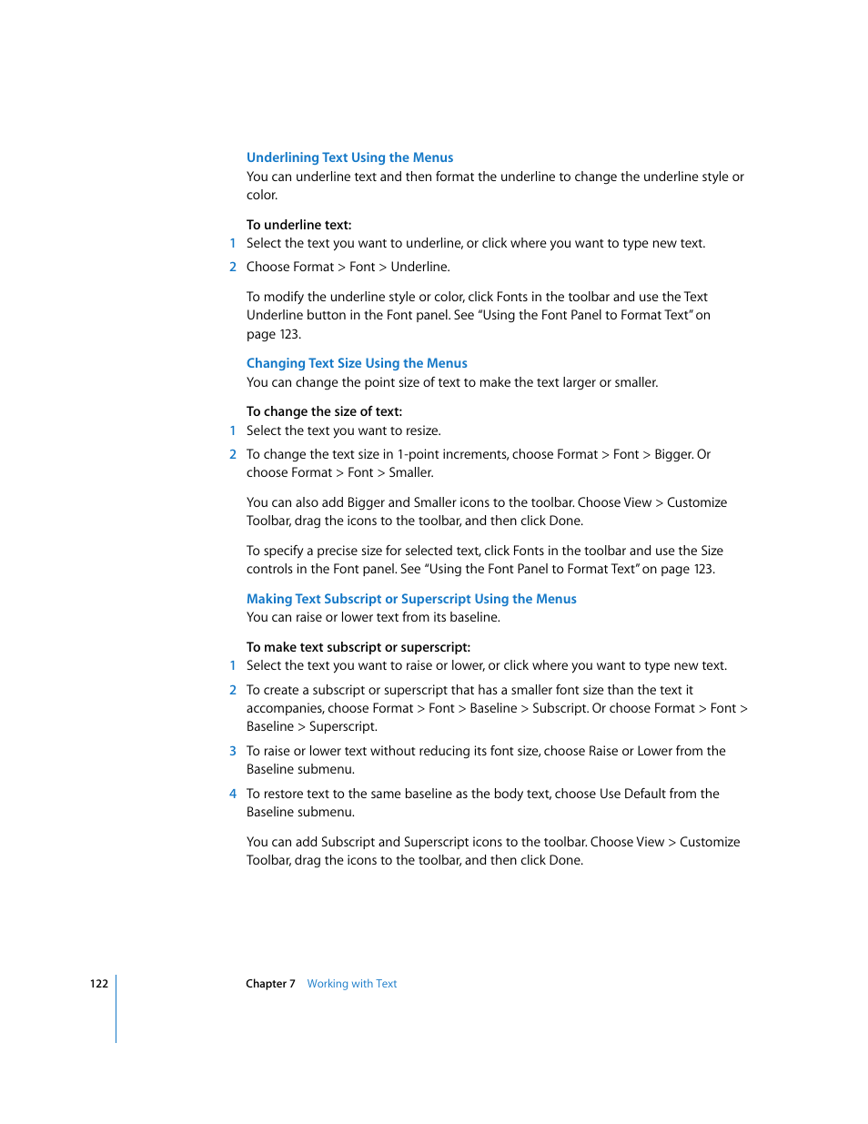 Underlining text using the menus, Changing text size using the menus | Apple Numbers '08 User Manual | Page 122 / 295