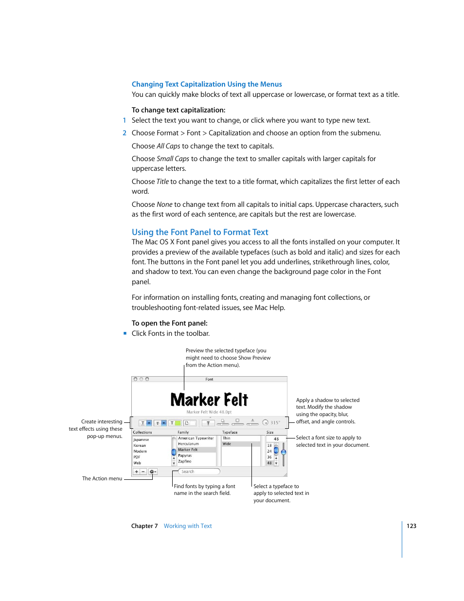 Changing text capitalization using the menus, Using the font panel to format text | Apple Numbers '08 User Manual | Page 123 / 295