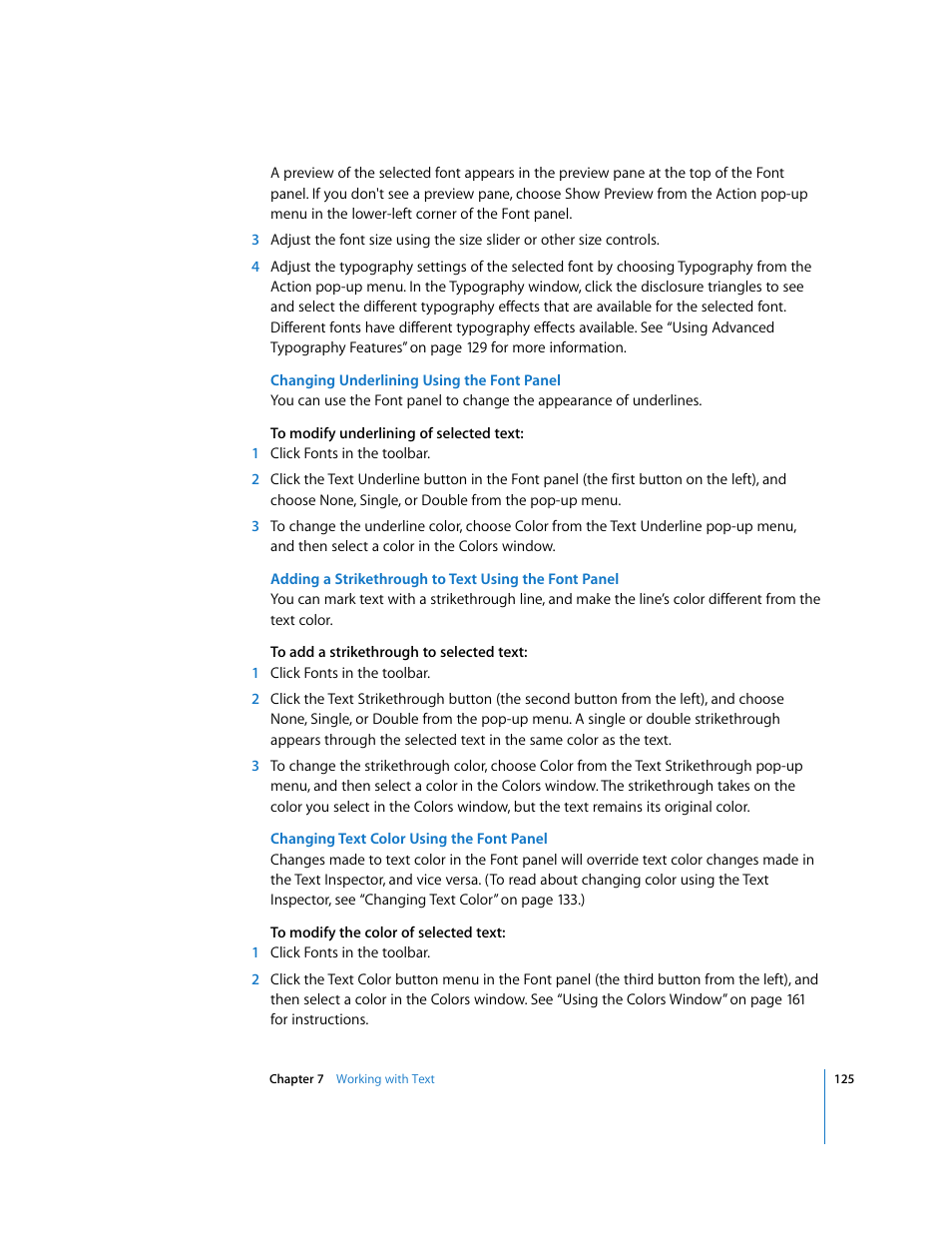 Changing underlining using the font panel, Changing text color using the font panel | Apple Numbers '08 User Manual | Page 125 / 295