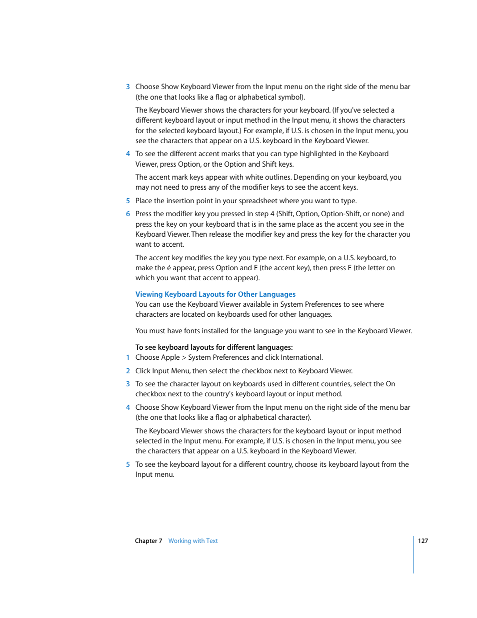 Viewing keyboard layouts for other languages | Apple Numbers '08 User Manual | Page 127 / 295