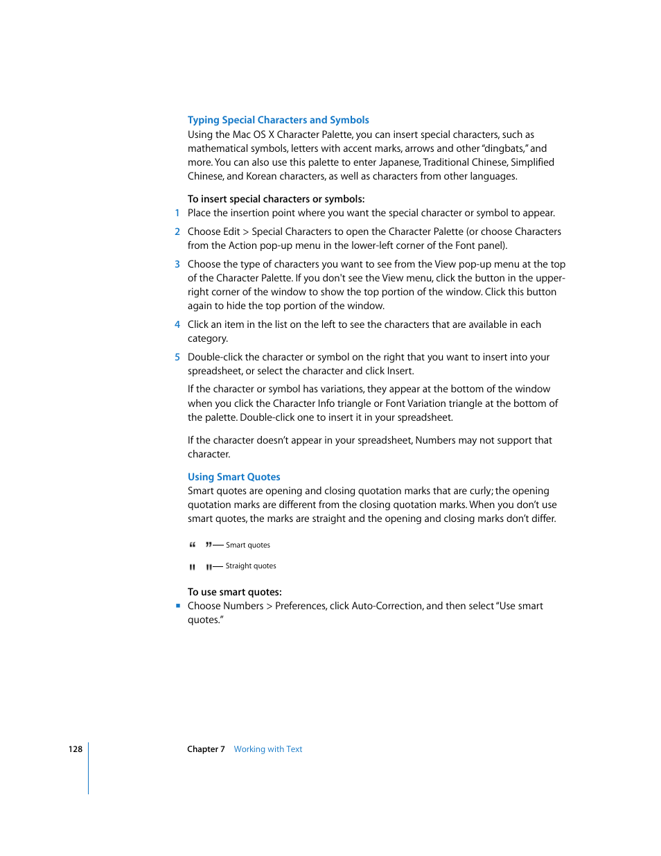 Typing special characters and symbols, Using smart quotes | Apple Numbers '08 User Manual | Page 128 / 295