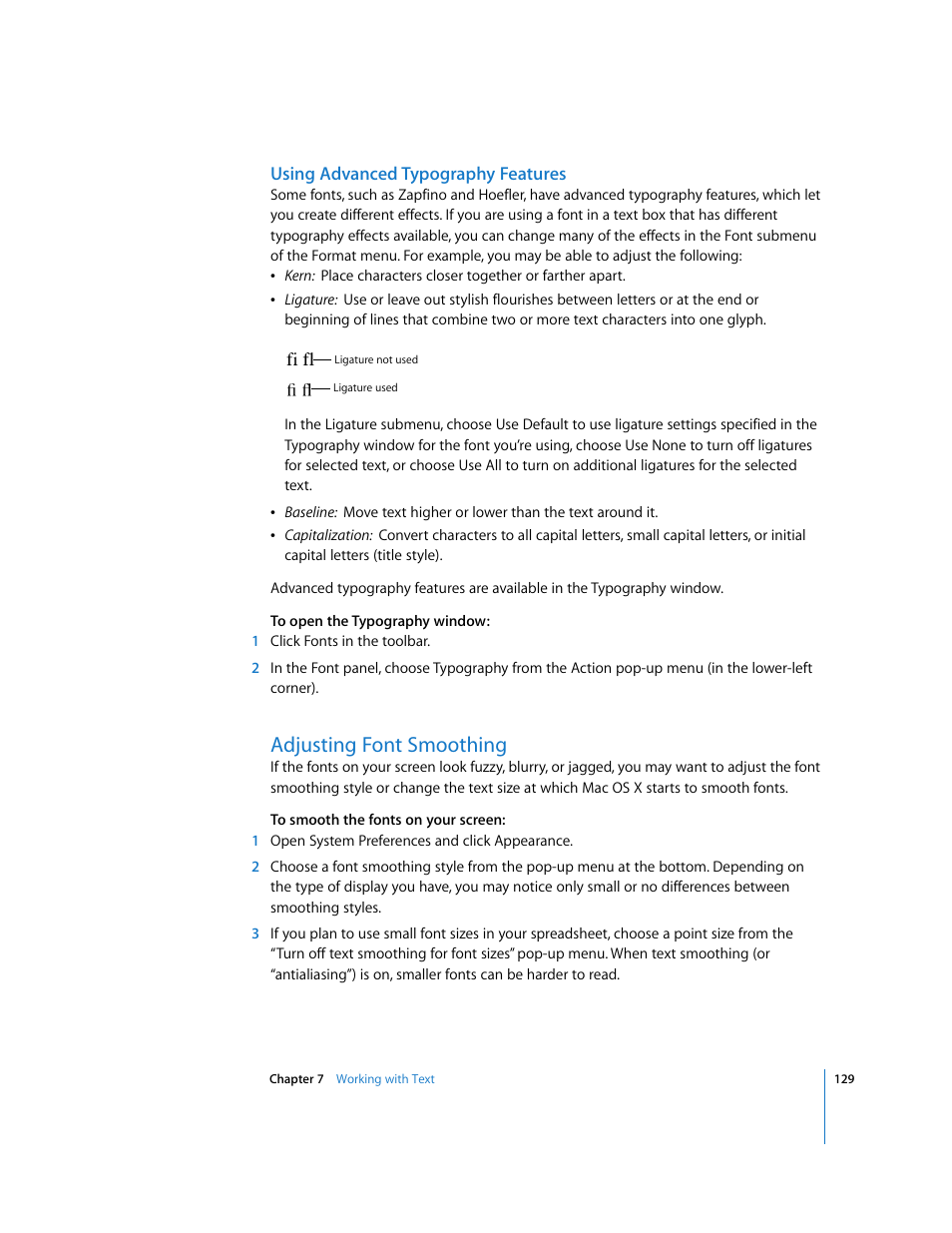 Using advanced typography features, Adjusting font smoothing | Apple Numbers '08 User Manual | Page 129 / 295