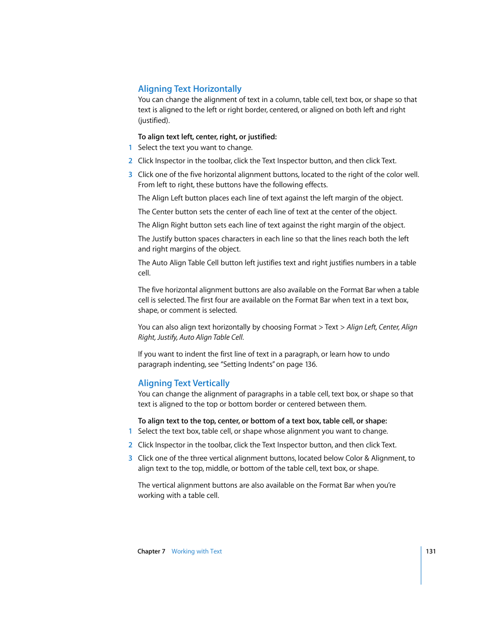 Aligning text horizontally, Aligning text vertically | Apple Numbers '08 User Manual | Page 131 / 295