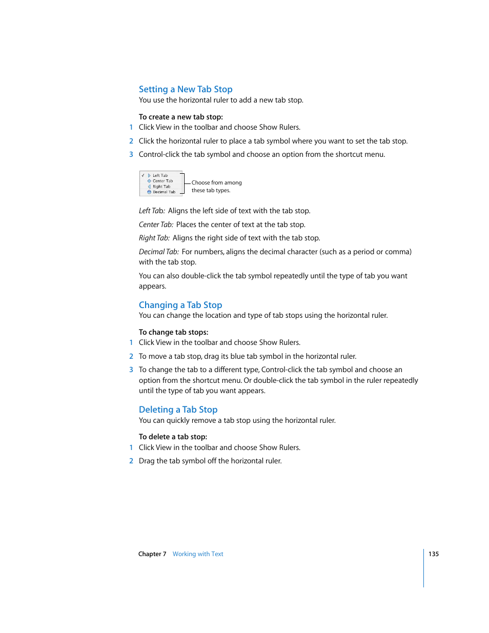 Setting a new tab stop, Changing a tab stop, Deleting a tab stop | Apple Numbers '08 User Manual | Page 135 / 295