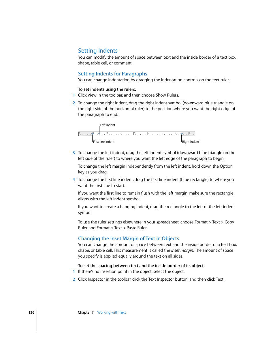 Setting indents, Setting indents for paragraphs, Changing the inset margin of text in objects | Apple Numbers '08 User Manual | Page 136 / 295