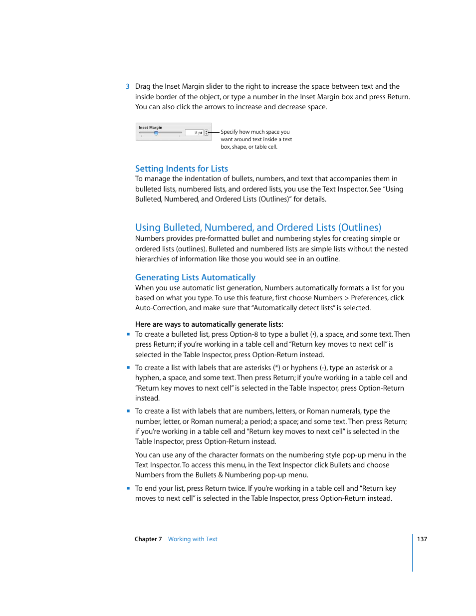 Setting indents for lists, Generating lists automatically, See “using bulleted, numbered, and ordered | Apple Numbers '08 User Manual | Page 137 / 295