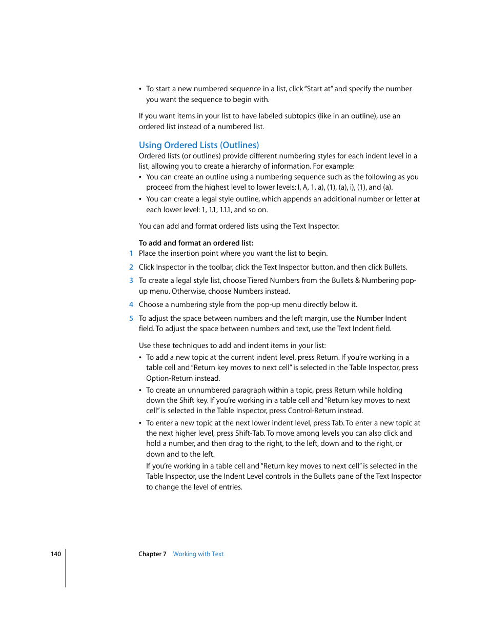 Using ordered lists (outlines) | Apple Numbers '08 User Manual | Page 140 / 295