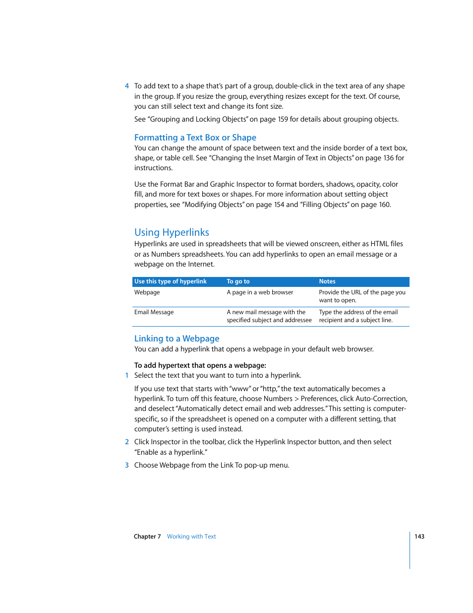 Formatting a text box or shape, Using hyperlinks | Apple Numbers '08 User Manual | Page 143 / 295