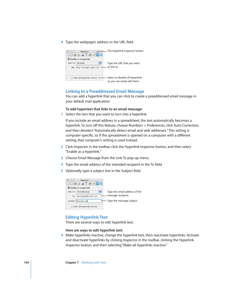 Linking to a preaddressed email message, Editing hyperlink text | Apple Numbers '08 User Manual | Page 144 / 295