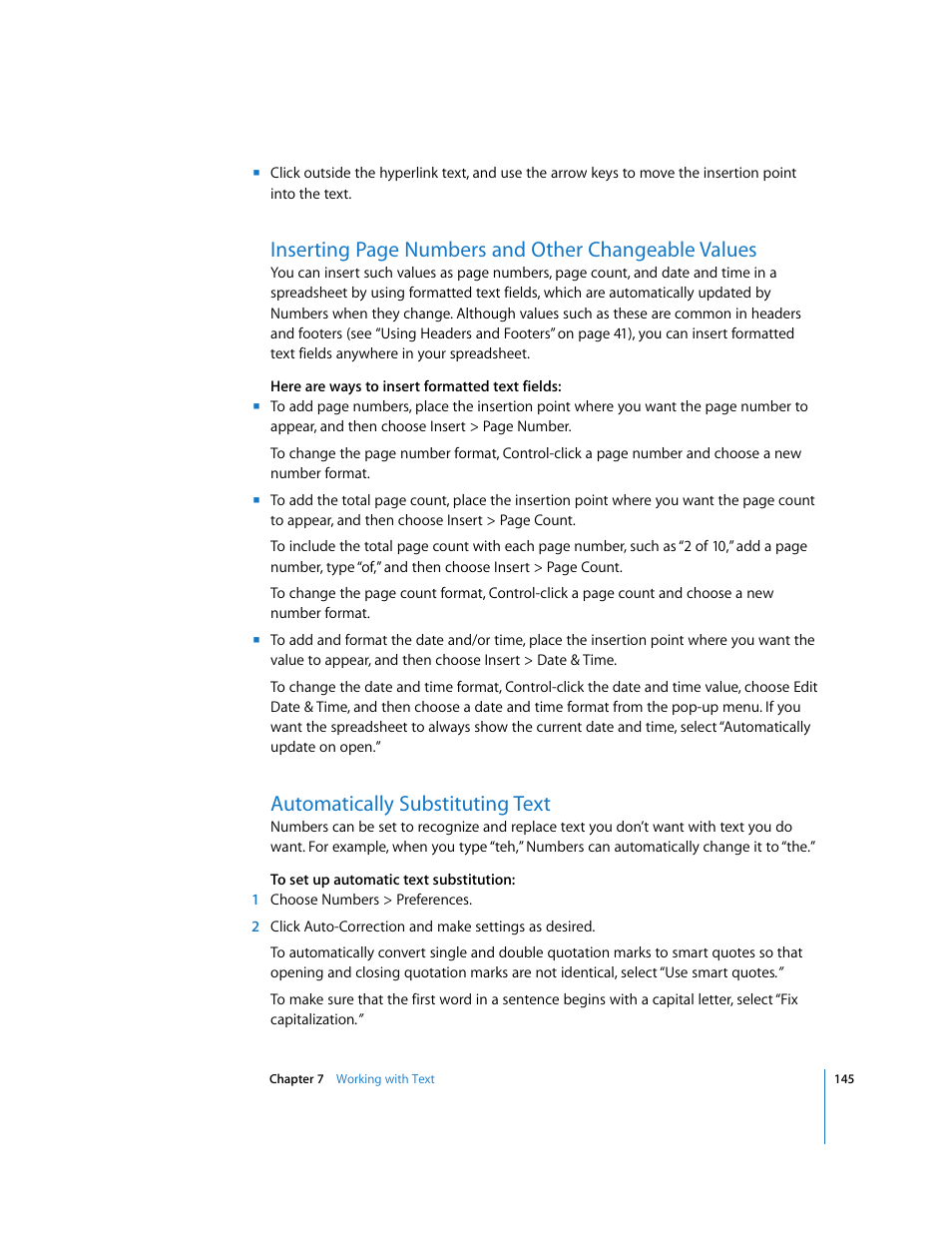 Automatically substituting text, Inserting page numbers and other changeable values | Apple Numbers '08 User Manual | Page 145 / 295