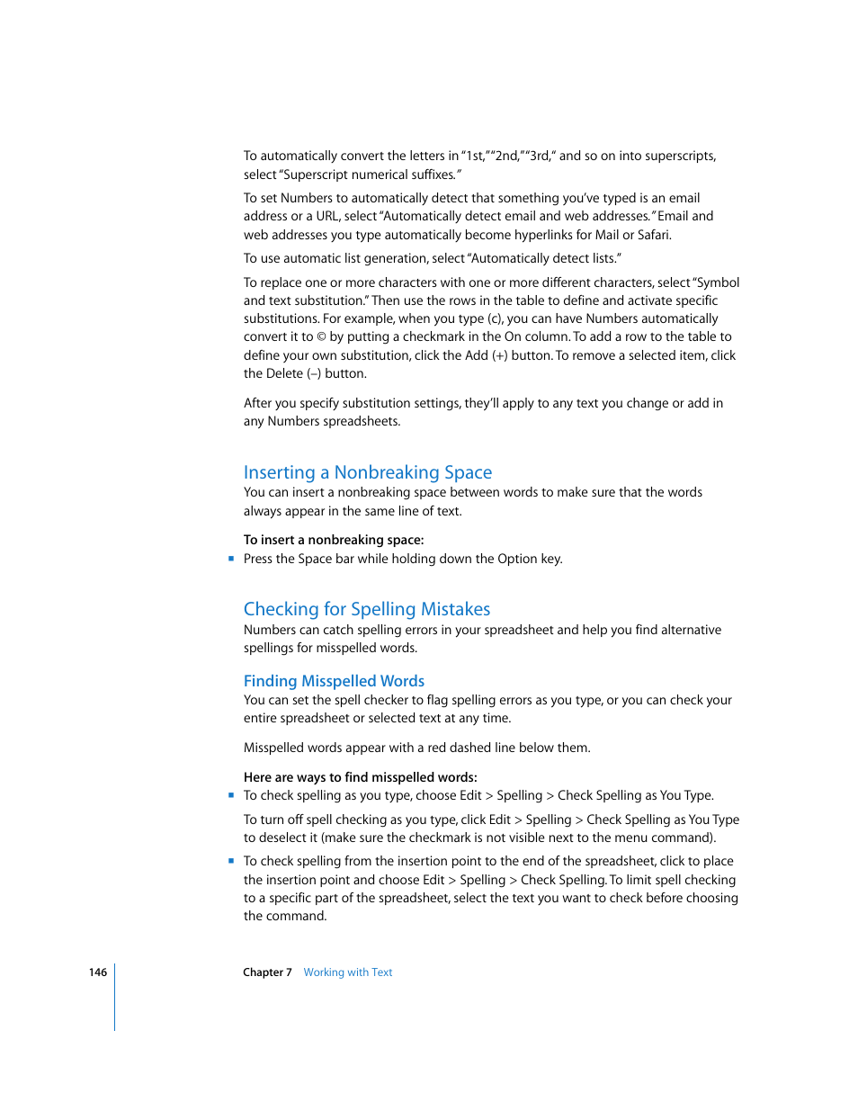 Inserting a nonbreaking space, Checking for spelling mistakes, Finding misspelled words | Apple Numbers '08 User Manual | Page 146 / 295