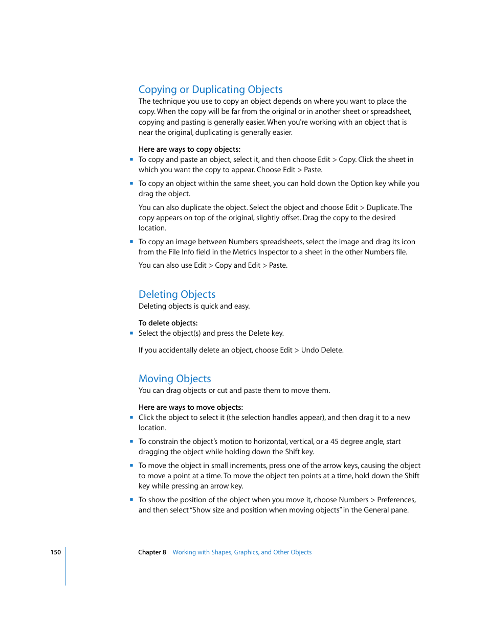 Copying or duplicating objects, Deleting objects, Moving objects | Apple Numbers '08 User Manual | Page 150 / 295