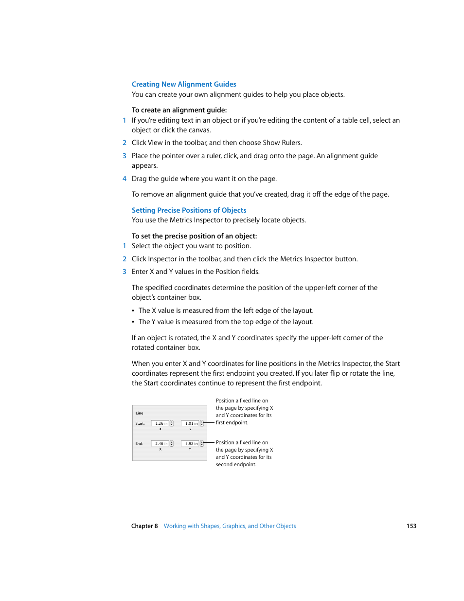 Creating new alignment guides, Setting precise positions of objects | Apple Numbers '08 User Manual | Page 153 / 295