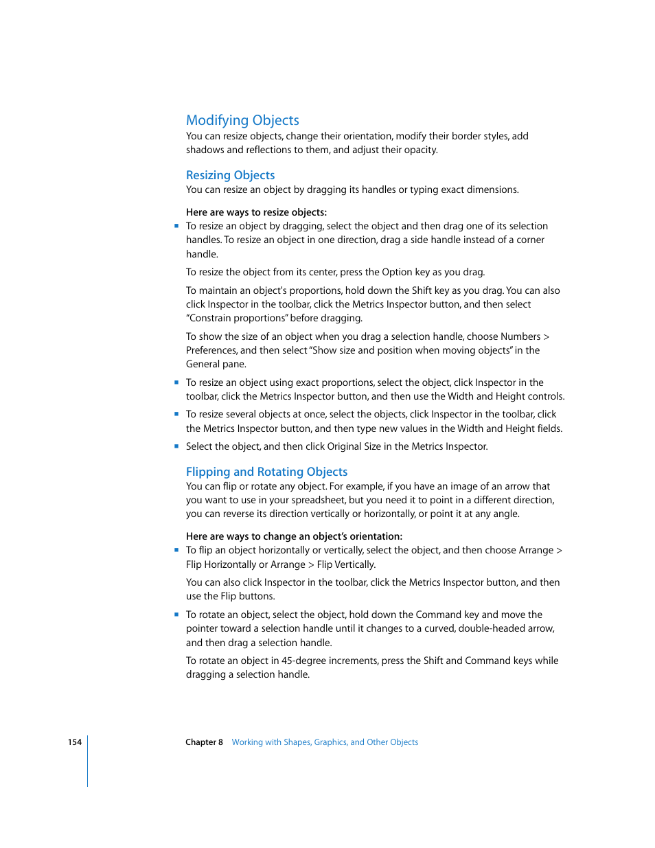 Modifying objects, Resizing objects, Flipping and rotating objects | Apple Numbers '08 User Manual | Page 154 / 295