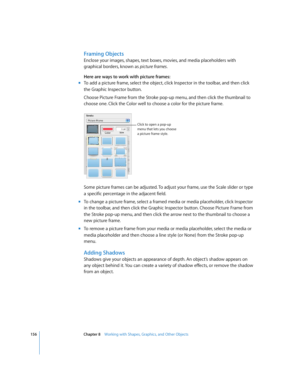 Framing objects, Adding shadows | Apple Numbers '08 User Manual | Page 156 / 295