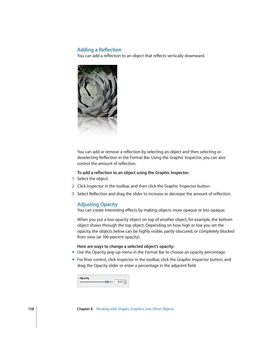 Adding a reflection, Adjusting opacity | Apple Numbers '08 User Manual | Page 158 / 295