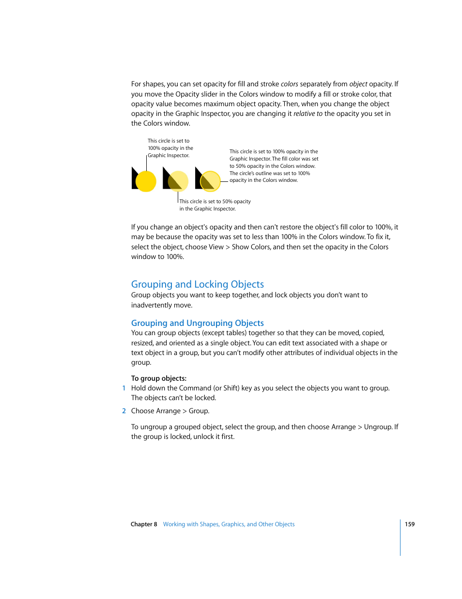 Grouping and locking objects, Grouping and ungrouping objects | Apple Numbers '08 User Manual | Page 159 / 295