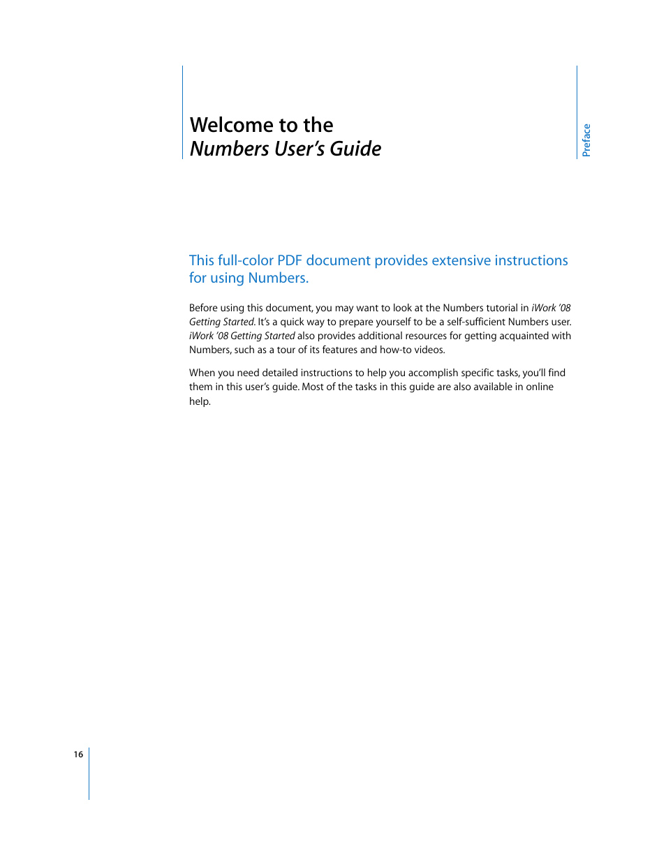 Welcome to the numbersuser’sguide, Preface, Welcome to the numbers user’s guide | Apple Numbers '08 User Manual | Page 16 / 295