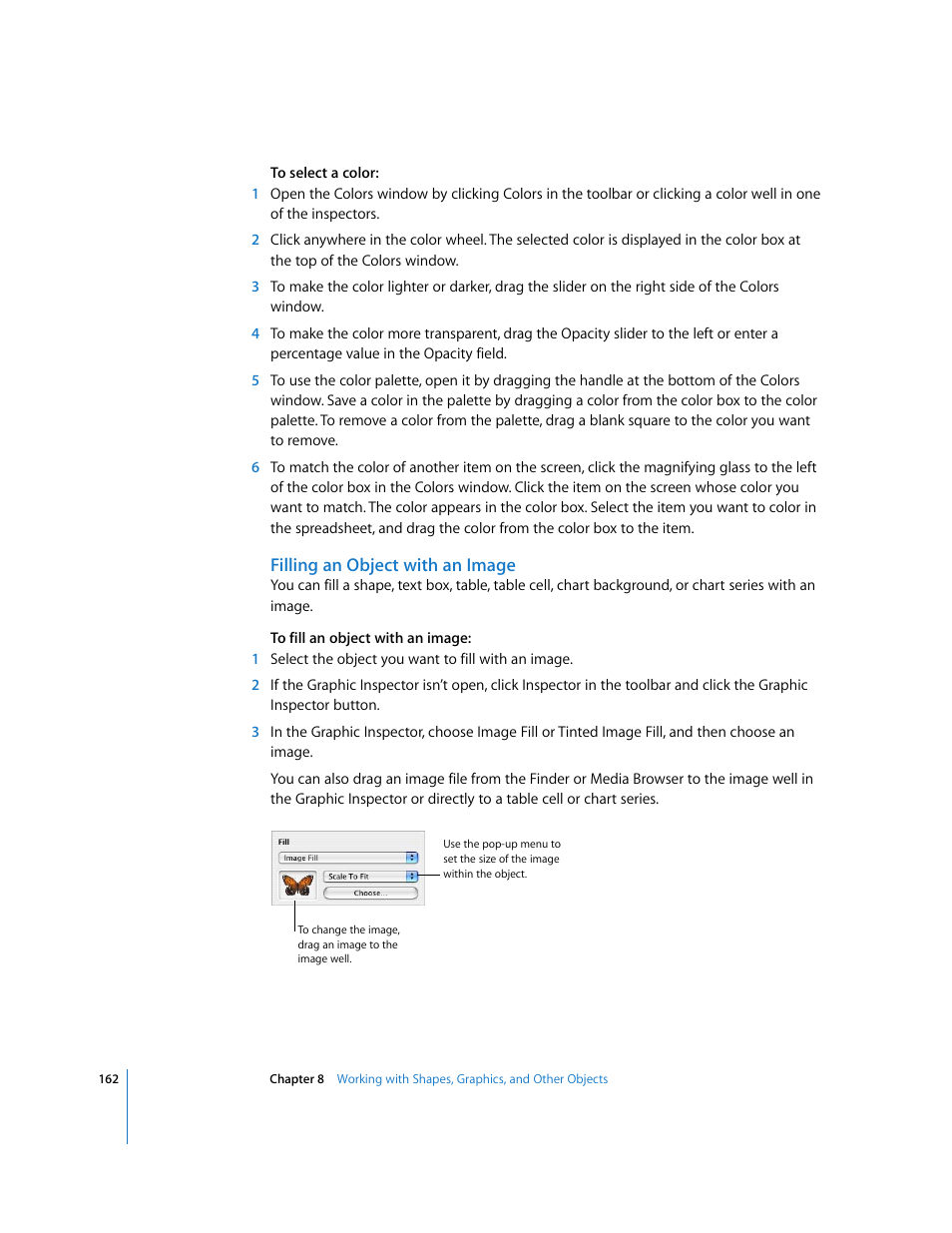 Filling an object with an image | Apple Numbers '08 User Manual | Page 162 / 295
