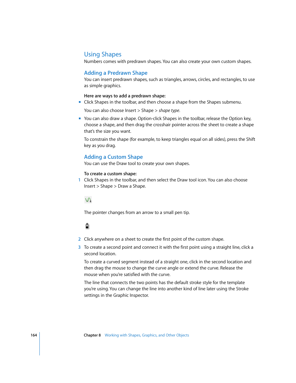 Using shapes, Adding a predrawn shape, Adding a custom shape | Apple Numbers '08 User Manual | Page 164 / 295