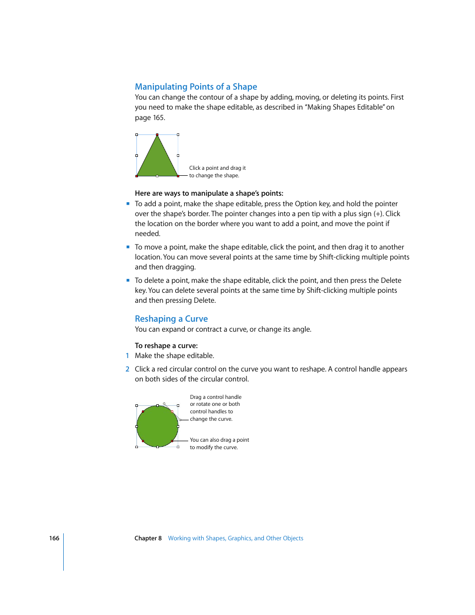 Manipulating points of a shape, Reshaping a curve | Apple Numbers '08 User Manual | Page 166 / 295