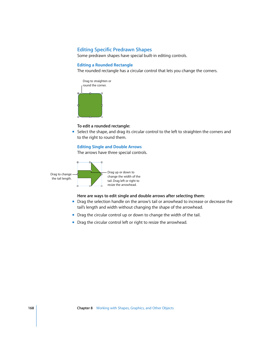 Editing specific predrawn shapes, Editing a rounded rectangle, Editing single and double arrows | Apple Numbers '08 User Manual | Page 168 / 295