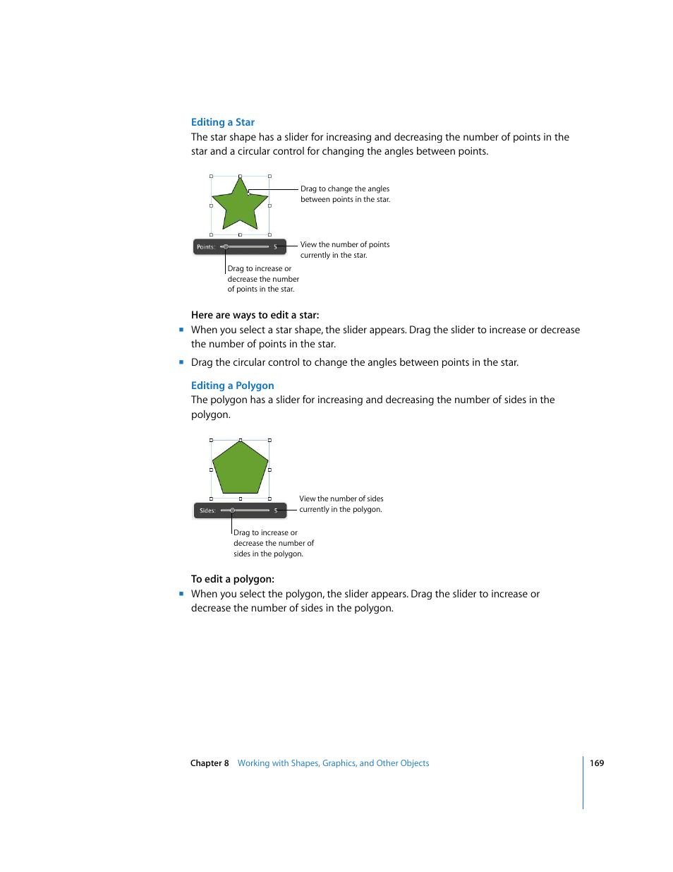 Editing a star, Editing a polygon | Apple Numbers '08 User Manual | Page 169 / 295