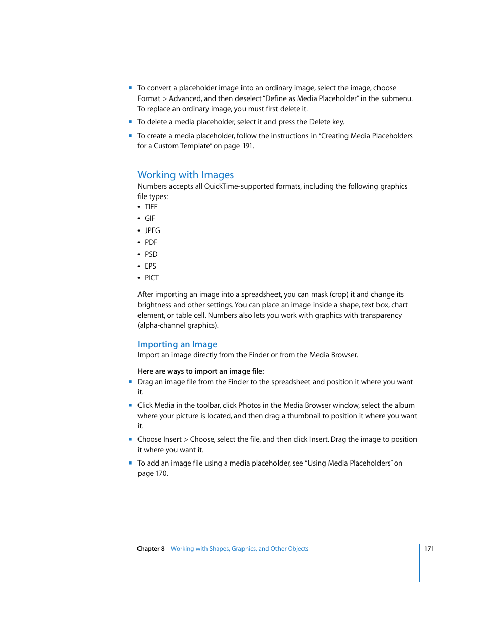 Working with images, Importing an image | Apple Numbers '08 User Manual | Page 171 / 295