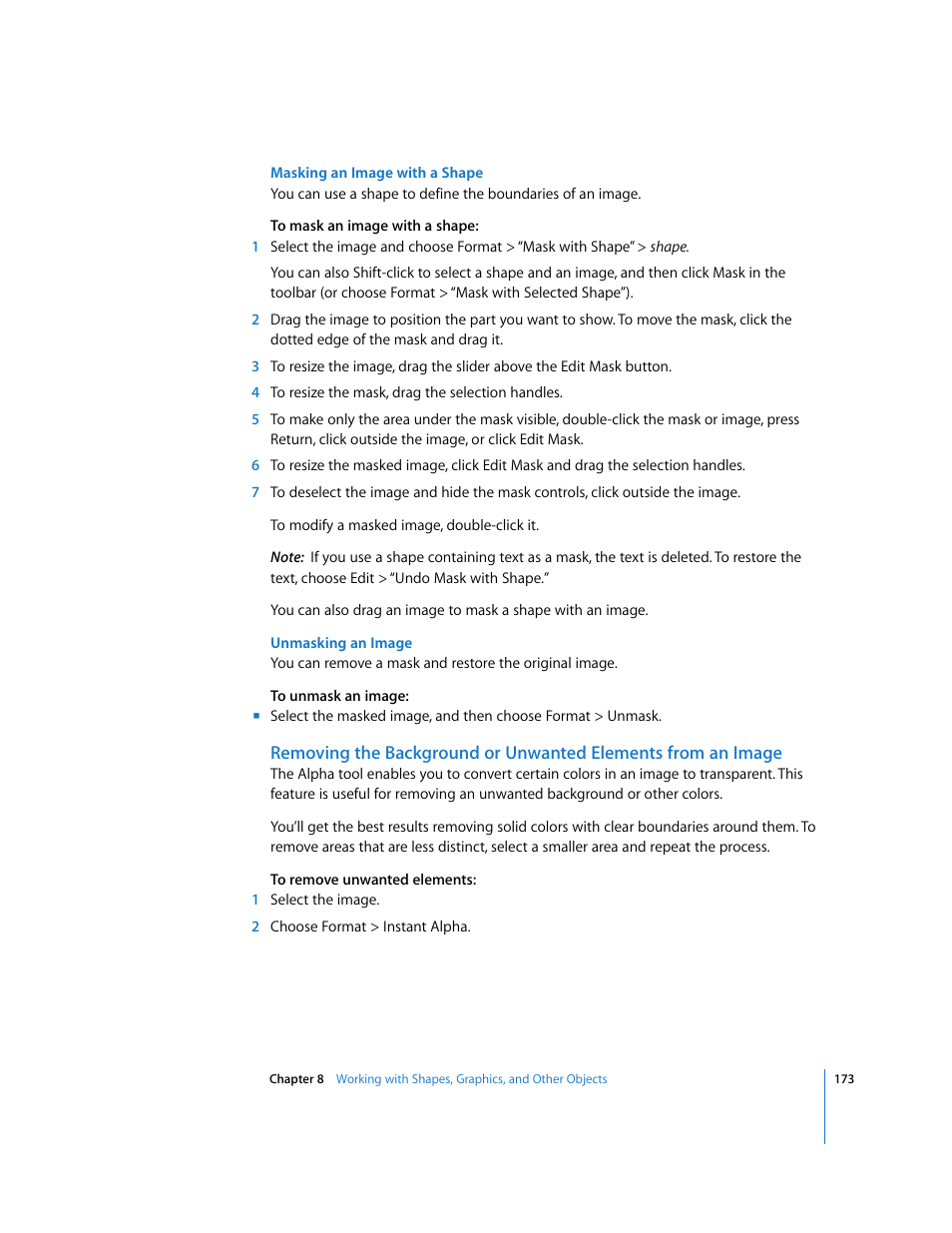 Masking an image with a shape, Unmasking an image | Apple Numbers '08 User Manual | Page 173 / 295