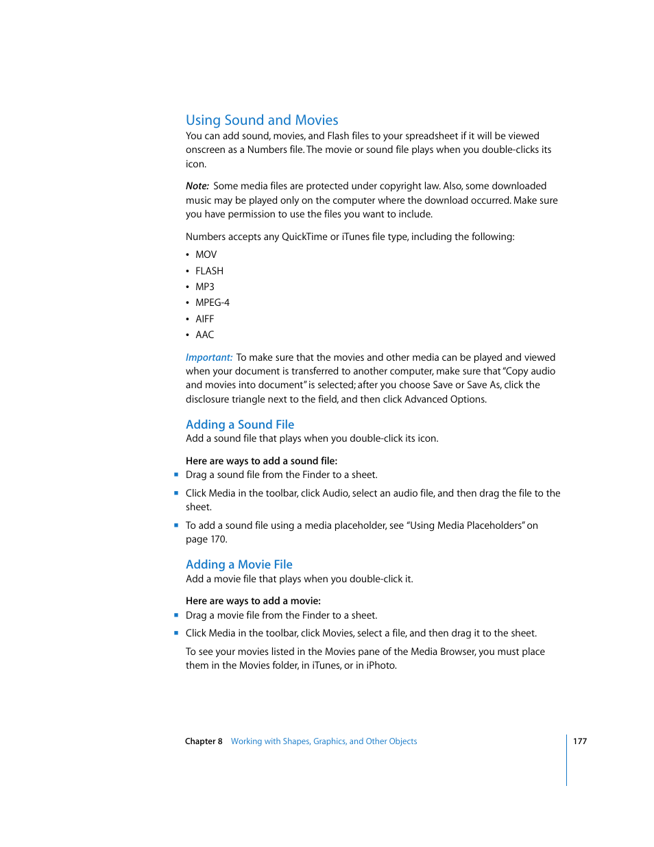 Using sound and movies, Adding a sound file, Adding a movie file | Apple Numbers '08 User Manual | Page 177 / 295