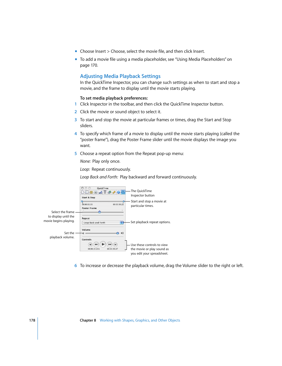 Adjusting media playback settings | Apple Numbers '08 User Manual | Page 178 / 295