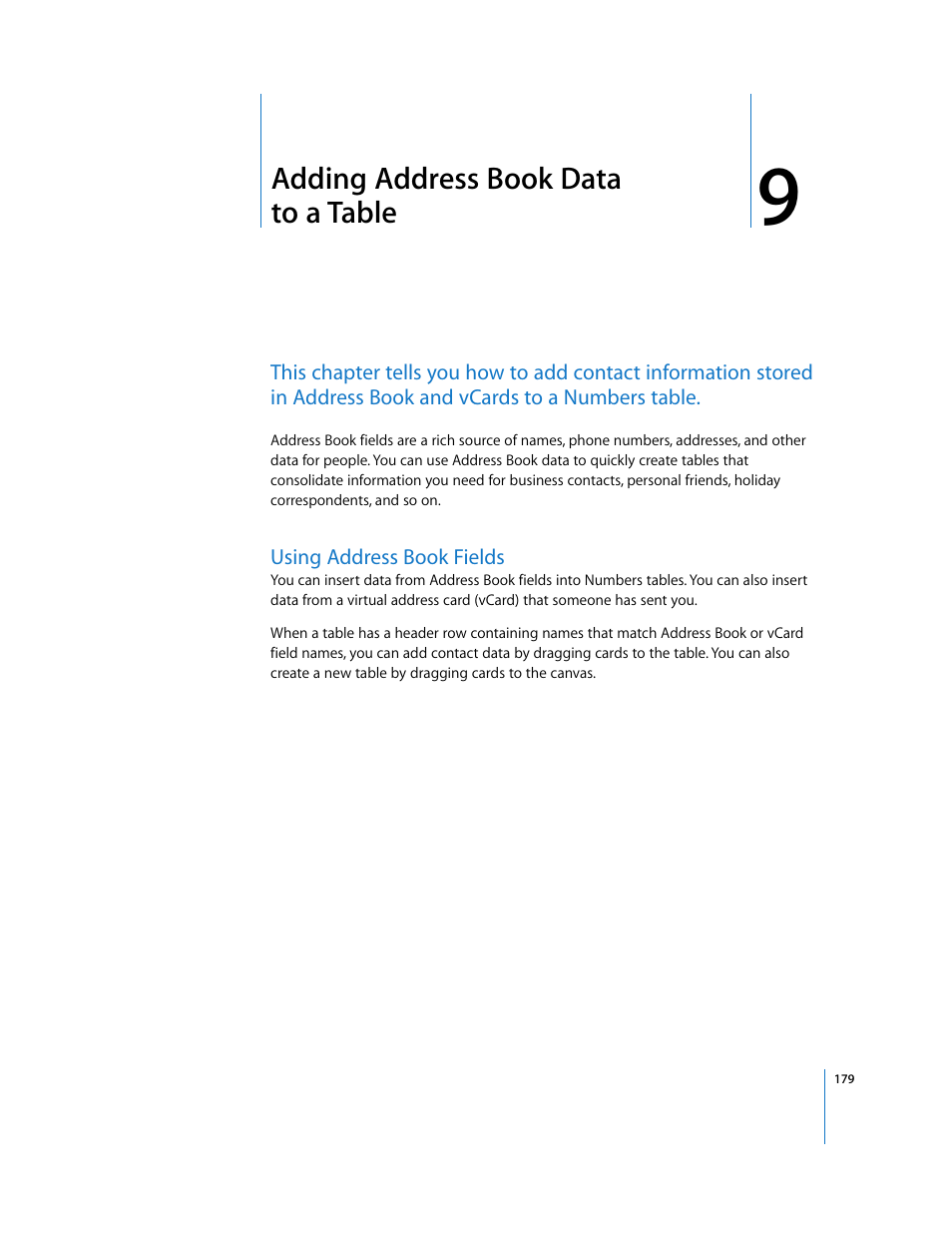 Adding address book data toatable, Using address book fields, Chapter 9 | Adding address book data to a table | Apple Numbers '08 User Manual | Page 179 / 295