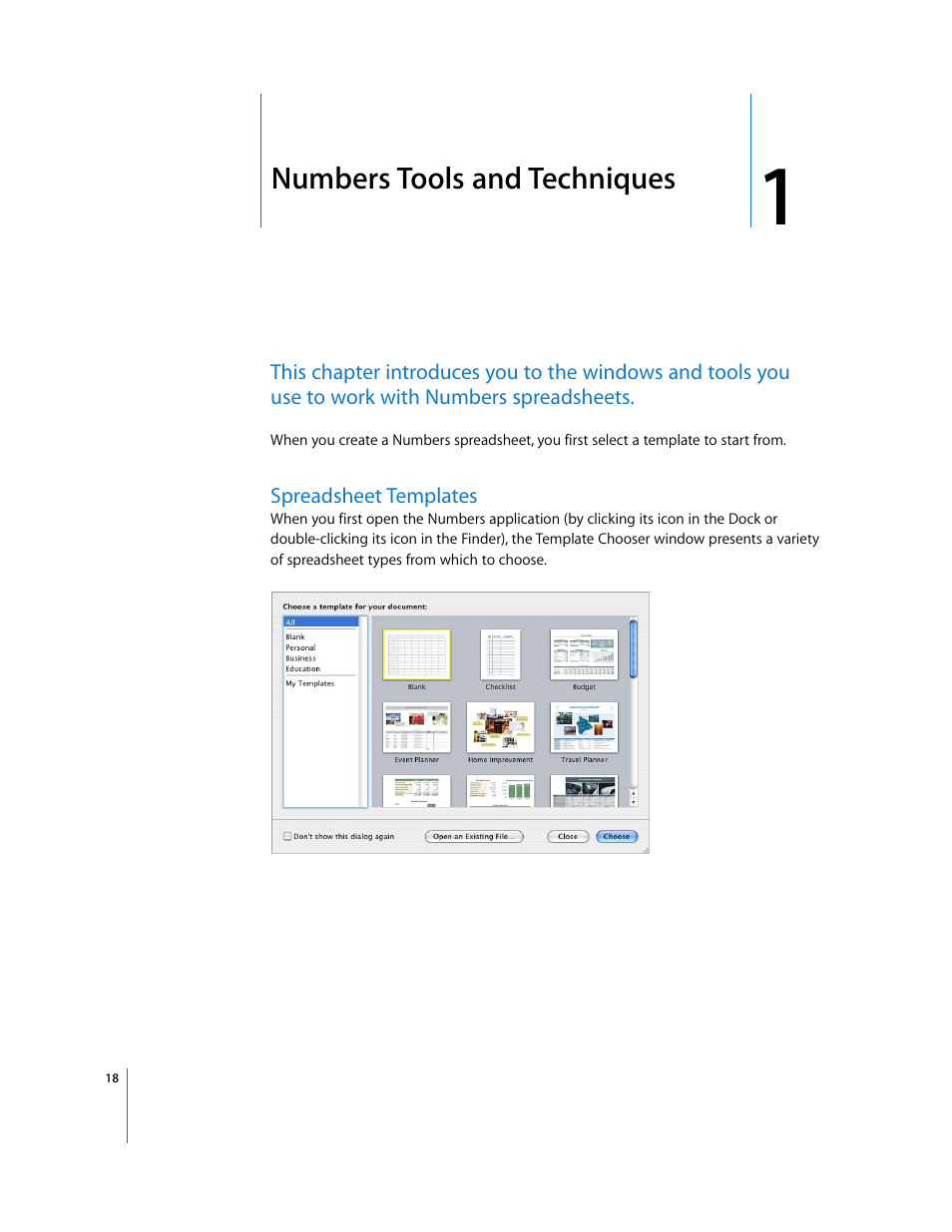 Numbers tools and techniques, Spreadsheet templates, Chapter 1 | Apple Numbers '08 User Manual | Page 18 / 295