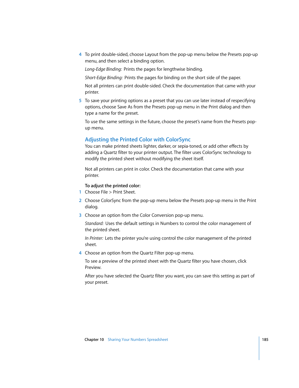 Adjusting the printed color with colorsync | Apple Numbers '08 User Manual | Page 185 / 295