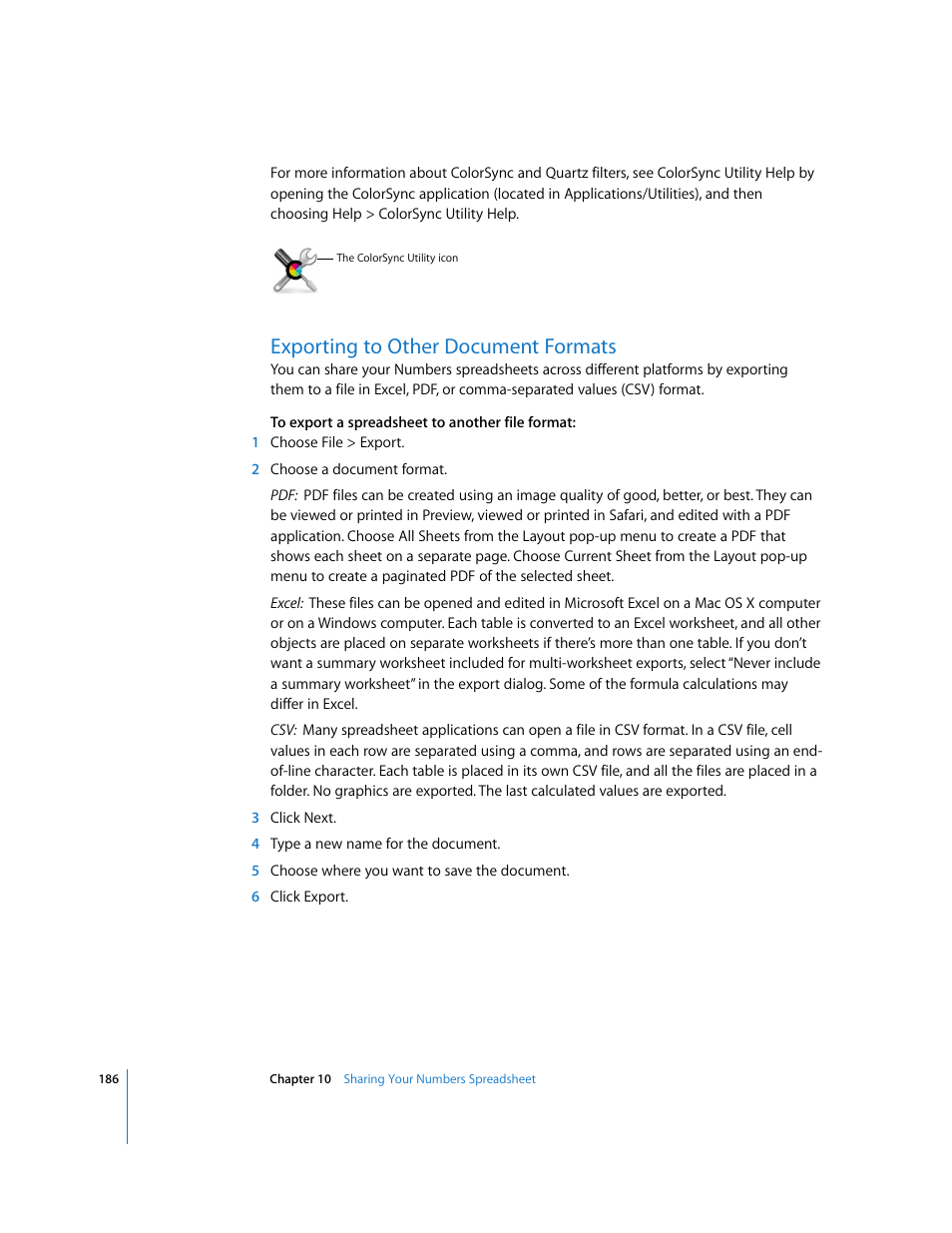 Exporting to other document formats | Apple Numbers '08 User Manual | Page 186 / 295